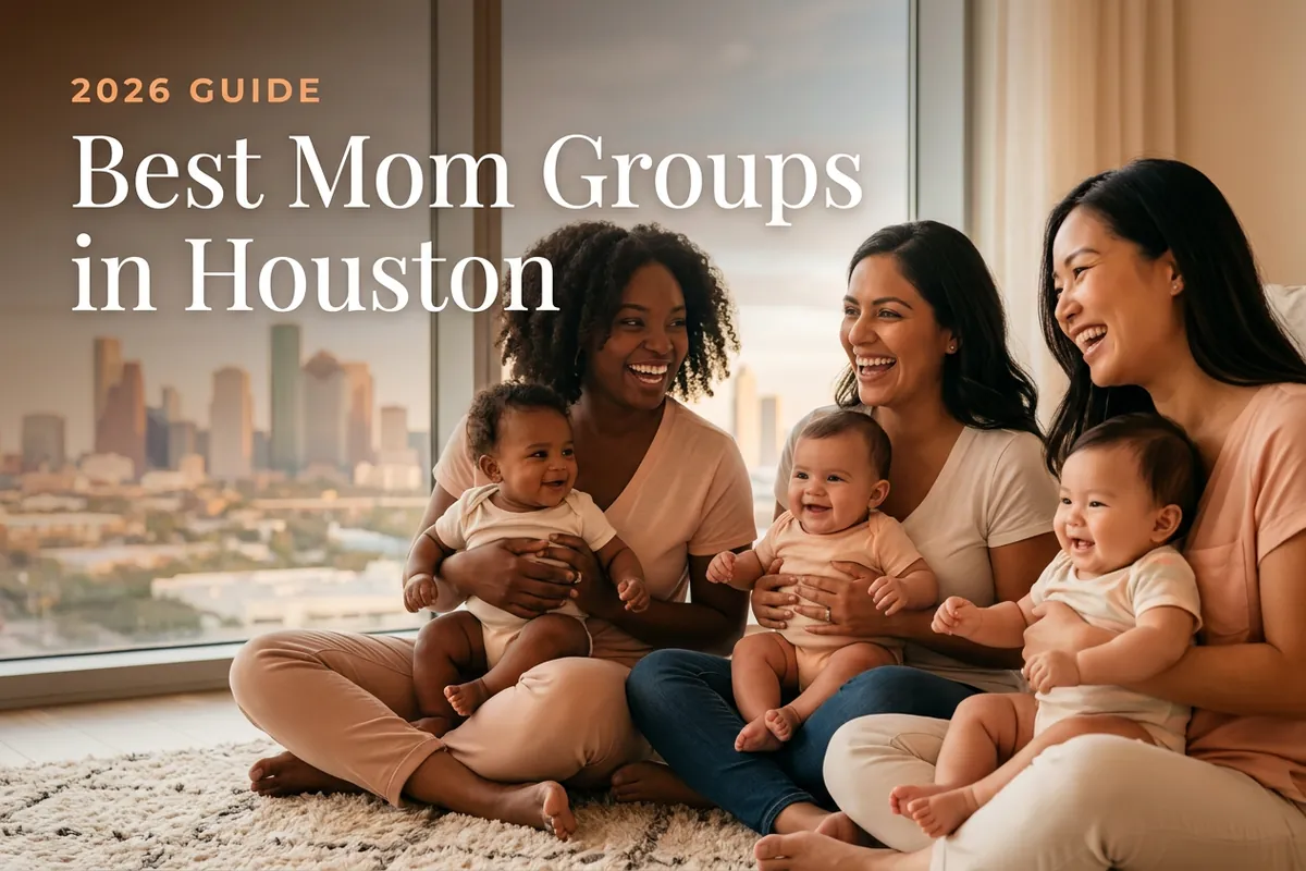 Bestmomgroupshouston | Betteroo Three diverse moms holding their babies at a welcoming mom group meetup in Houston, with the Houston skyline under a wide Texas sky in warm light behind them, illustrating a guide to the best mom groups in Houston for 2026