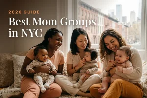 Three diverse moms holding their babies at a welcoming mom group meetup in a Brooklyn brownstone, illustrating a guide to the best mom groups in NYC for 2026