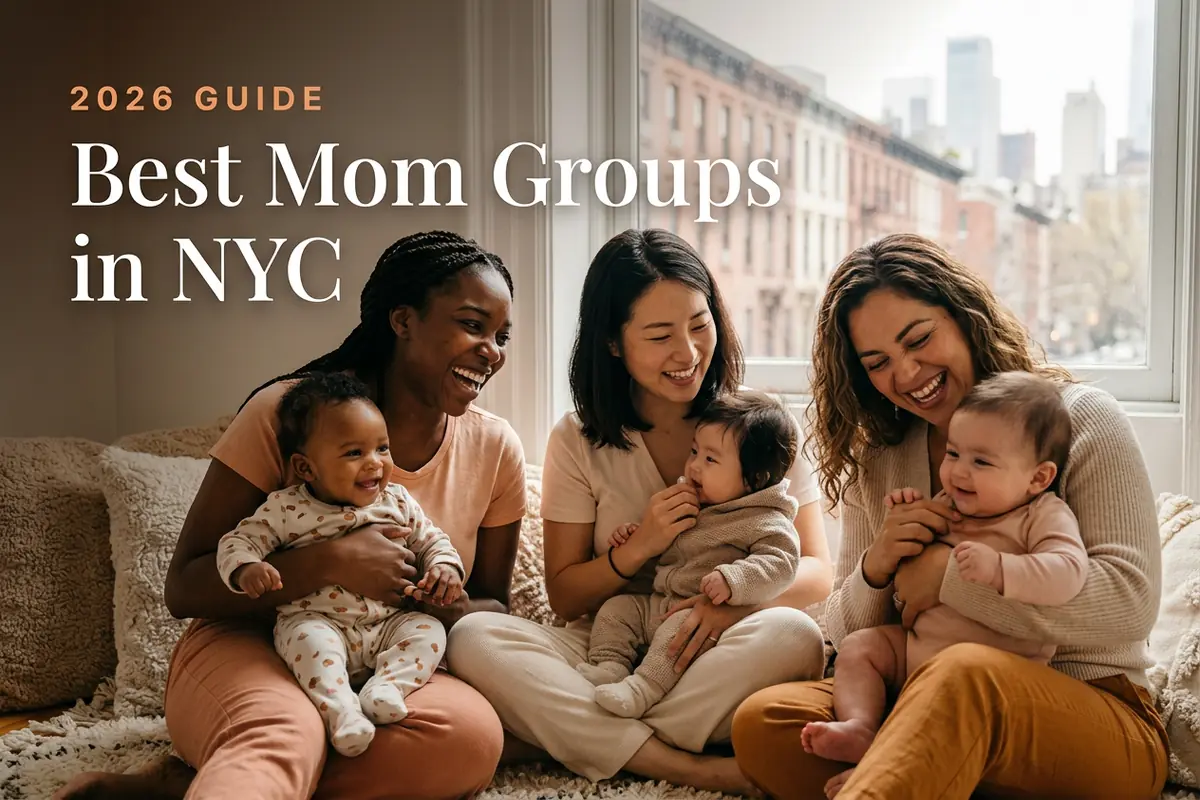 Three diverse moms holding their babies at a welcoming mom group meetup in a Brooklyn brownstone, illustrating a guide to the best mom groups in NYC for 2026