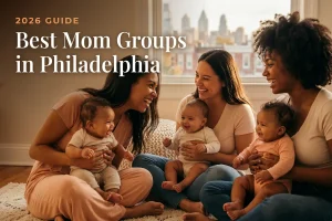 Three diverse moms holding their babies at a welcoming mom group meetup in Philadelphia, with the Philadelphia skyline and rowhomes in warm afternoon light behind them, illustrating a guide to the best mom groups in Philly for 2026