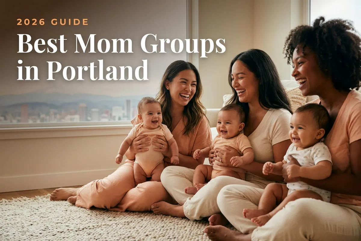 Three diverse moms holding their babies at a welcoming mom group meetup in Portland, with the Portland skyline with Mount Hood in the distance under soft daylight behind them, illustrating a guide to the best mom groups in Portland for 2026
