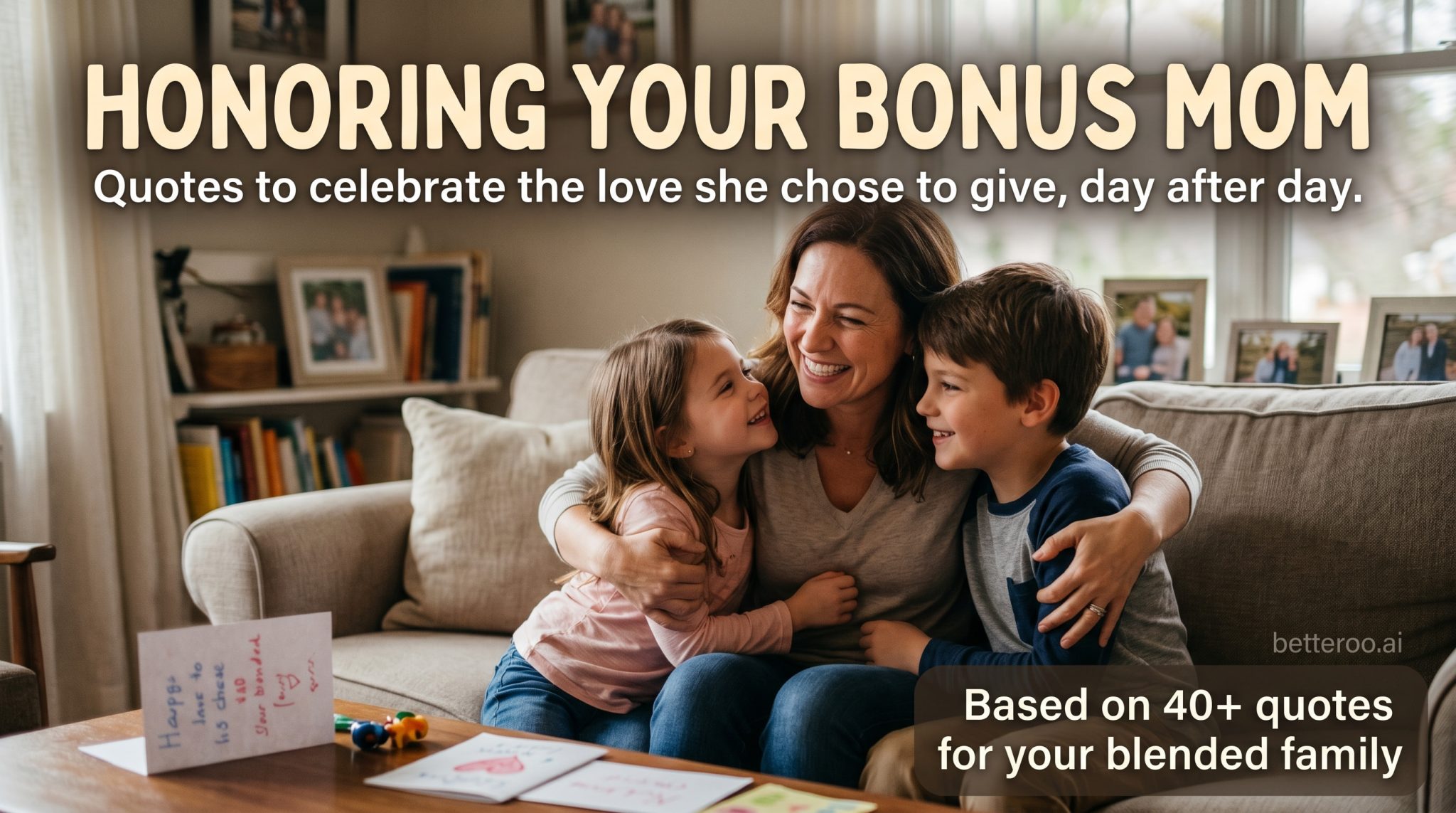 A stepmom smiling with her bonus child at home, illustrating heartfelt bonus mom and stepmom quotes.