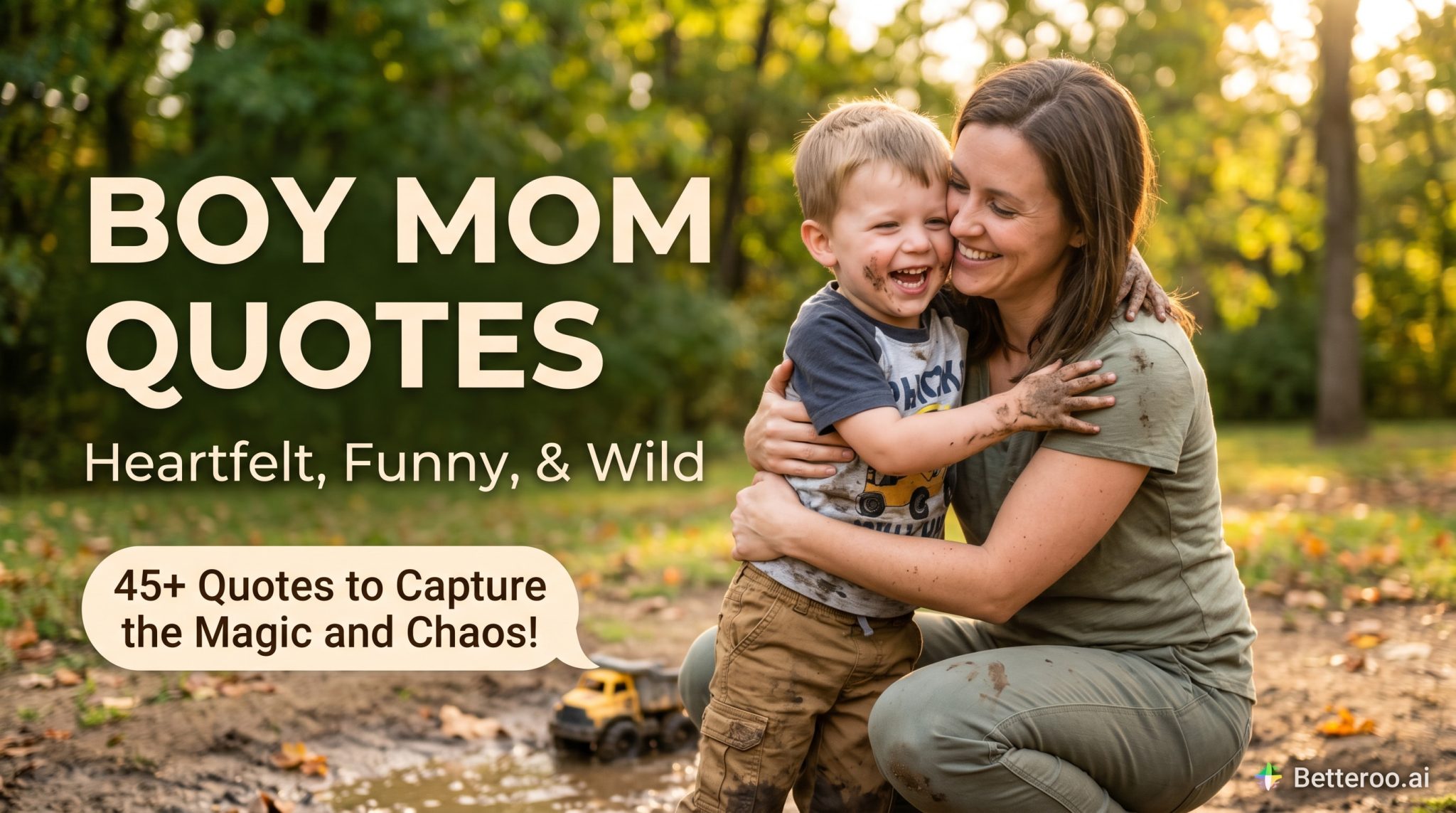Boymomquotes | Betteroo A smiling mom hugging her muddy, grinning young son outdoors, illustrating sweet and funny boy mom quotes.