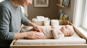 Caregiver tending to a baby on a padded changing table, with diaper cream and tissues nearby
