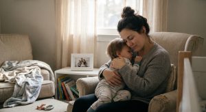One mom comforting and encouraging another over coffee, illustrating encouraging quotes for moms.
