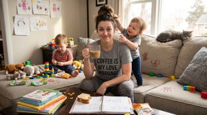 Funnymomquotes | Betteroo A frazzled mom laughing amid toddler chaos with a coffee in hand, illustrating relatable funny mom quotes.