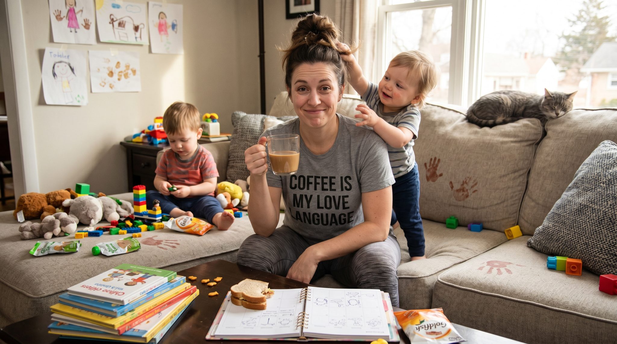A frazzled mom laughing amid toddler chaos with a coffee in hand, illustrating relatable funny mom quotes.