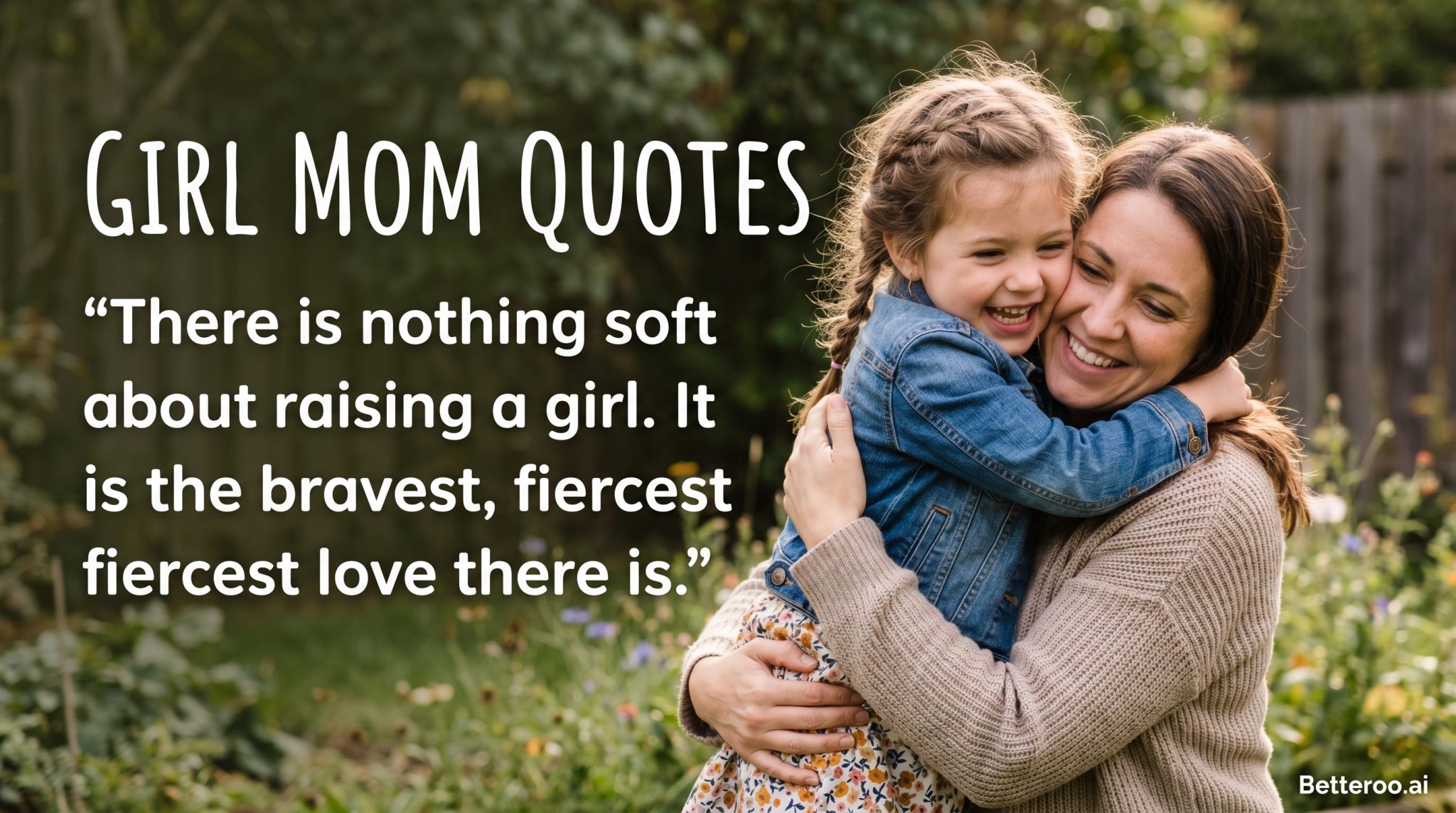 A smiling mom hugging her young daughter outdoors, illustrating sweet and funny girl mom quotes.