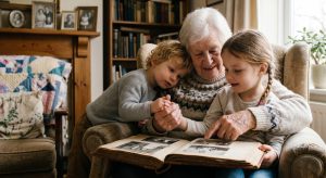 A grandmother laughing with her grandchild on her lap, illustrating heartfelt grandma quotes.
