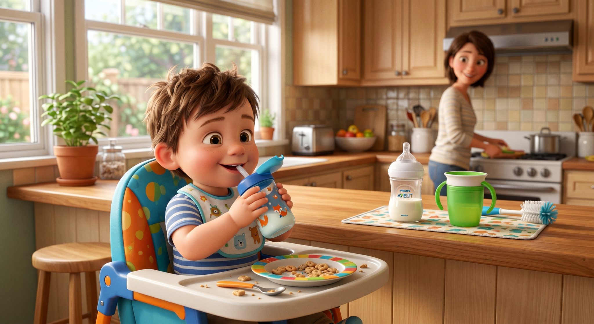 Caregiver feeding a baby during the transition from formula to milk
