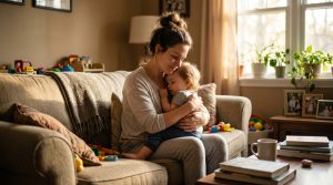 Inspirationalmomquotes | Betteroo A determined mom holding her toddler by a sunlit window, illustrating inspirational mom quotes for the hard days.