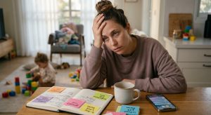 A mom resting her head in her hands at a cluttered table, illustrating mentally exhausted and overwhelmed mom quotes.