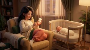 Mom playing mindfulness games on the phone with baby asleep next to her