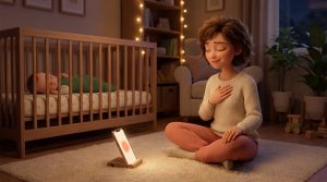 mom practicing mindfulness while baby is asleep in the crib