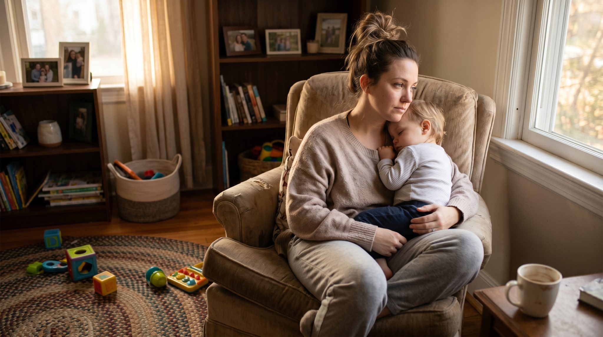 A pensive mom watching her child play, illustrating mom guilt quotes and letting go of the guilt.