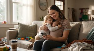 A mother smiling tiredly while holding her baby at home, illustrating a collection of mom quotes for every mood.