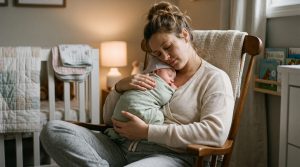 An exhausted new mom cradling her newborn in a quiet nursery, illustrating new mom quotes for the newborn fog.