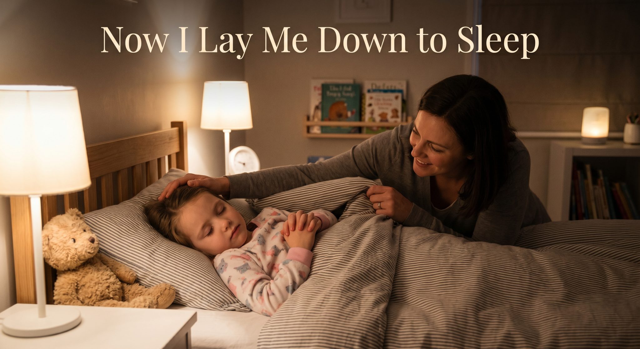 A parent tucking a child into bed at night with small hands folded in prayer, illustrating the Now I Lay Me Down to Sleep bedtime prayer.