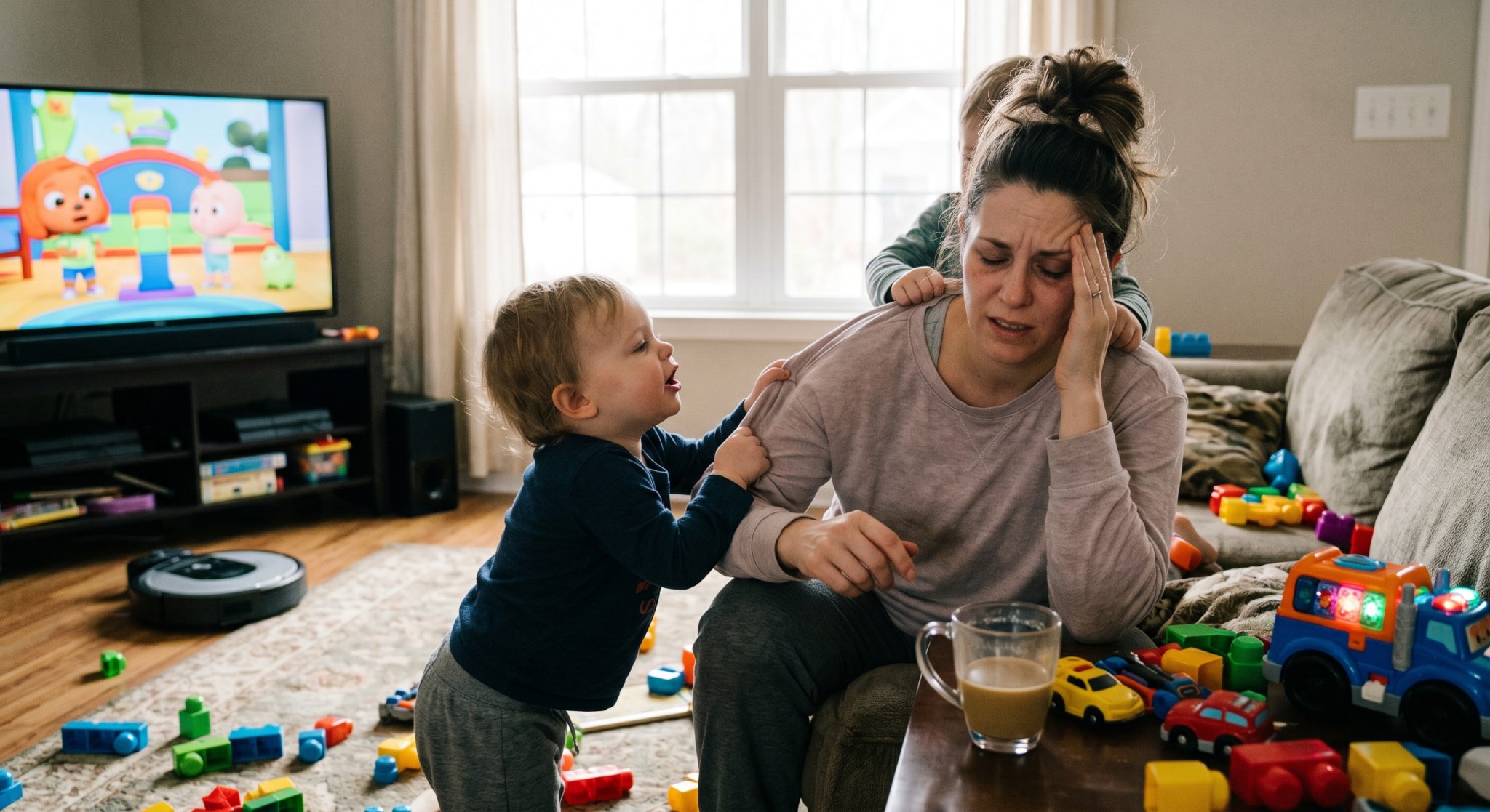 Overstimulatedmomquotes | Betteroo A mom closing her eyes for a calming breath as her kids tug at her, illustrating overstimulated and touched-out mom quotes.