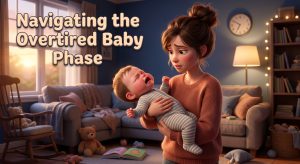 Overtired baby crying and fighting sleep in parent's arms before bedtime