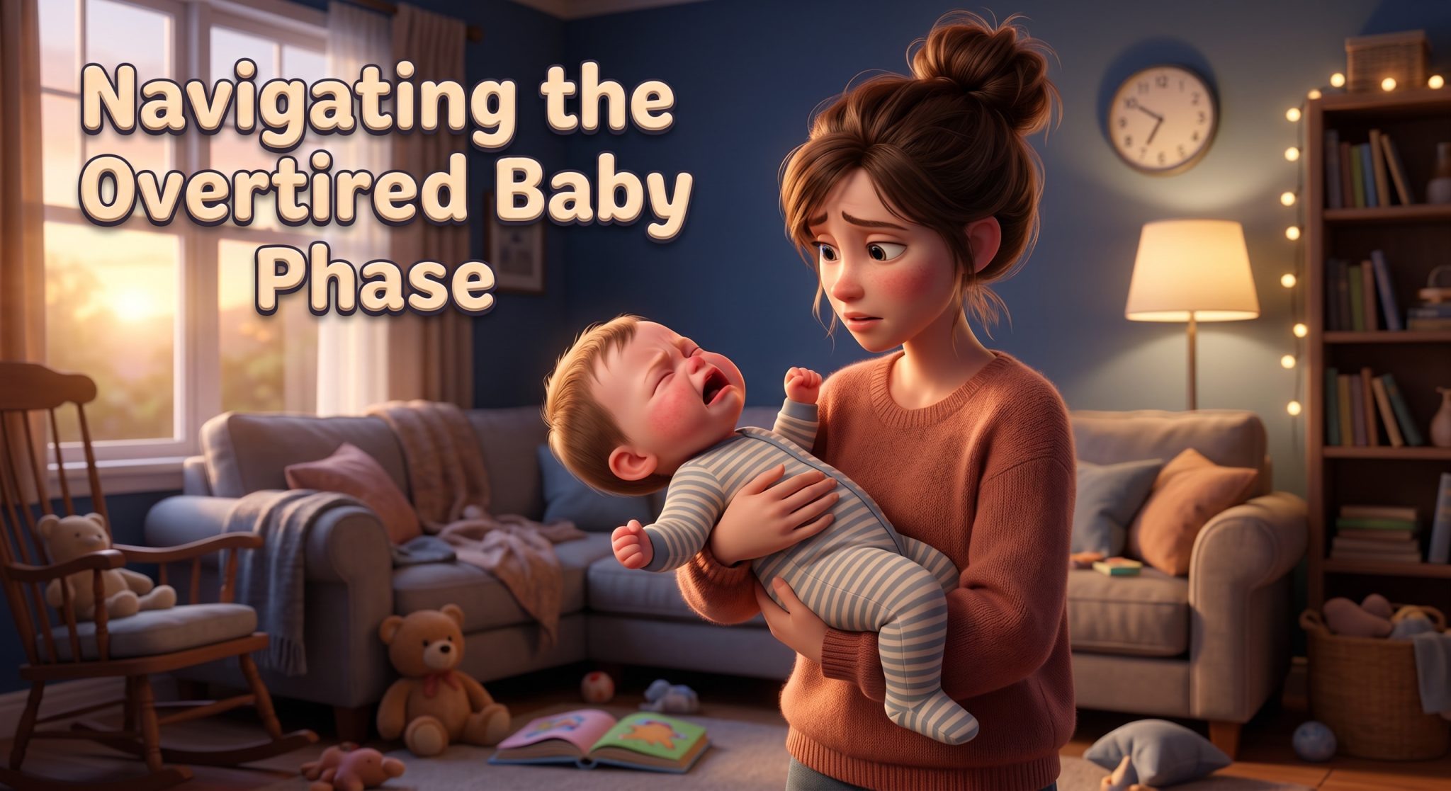 Overtired baby crying and fighting sleep in parent's arms before bedtime