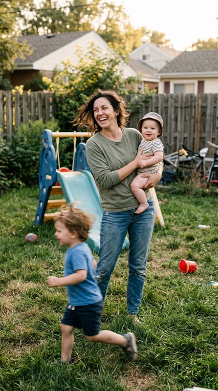 A rested mom playing with her kids in the backyard