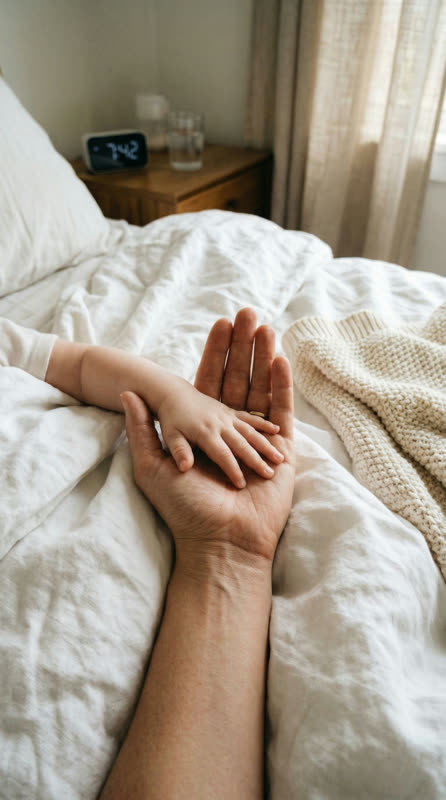 A baby's hand resting in a parent's hand