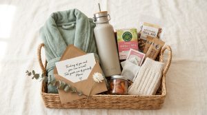 Postpartum gift basket with an insulated water bottle, blanket, tea, snacks, and a card
