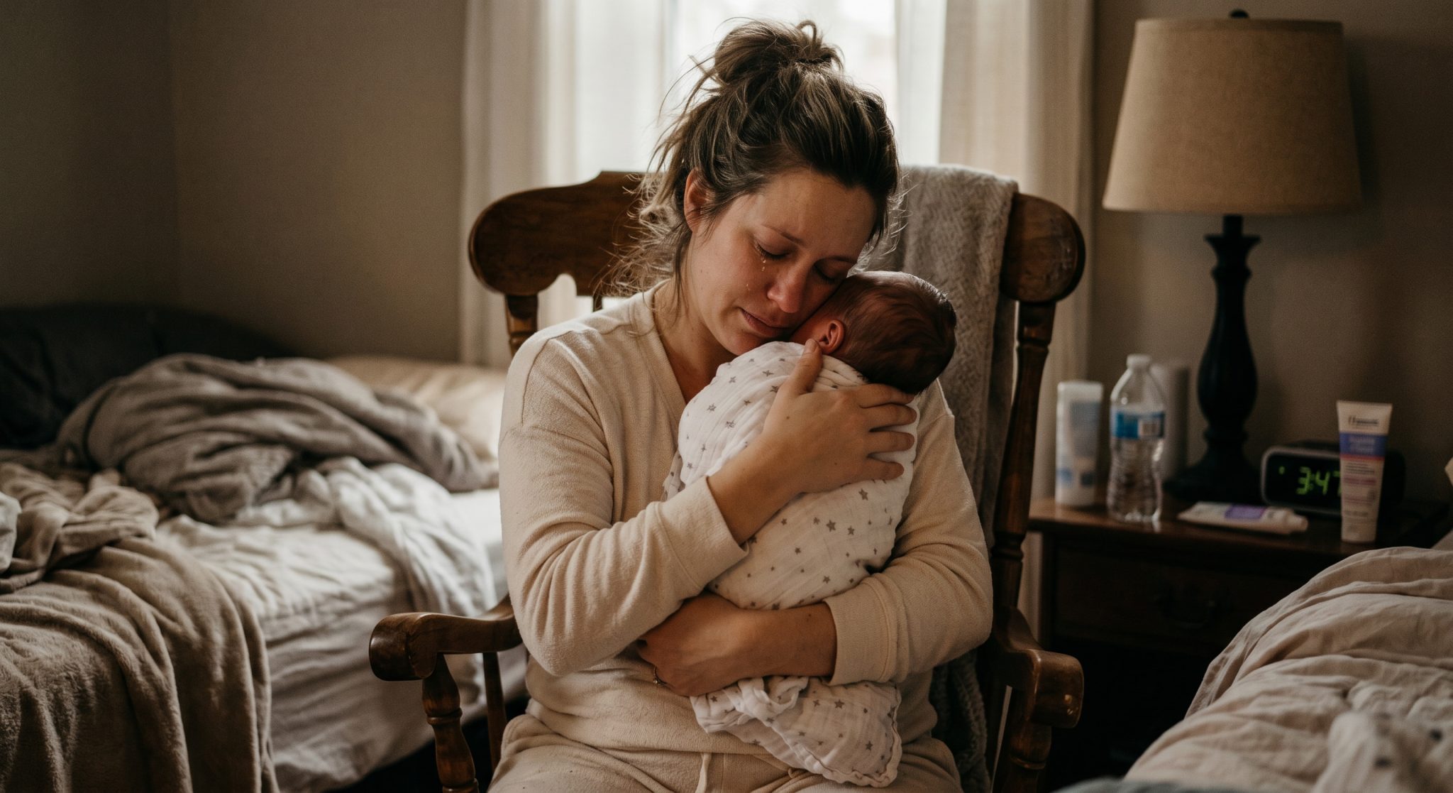 A new mother resting with her newborn in soft light, illustrating honest postpartum quotes for recovery.