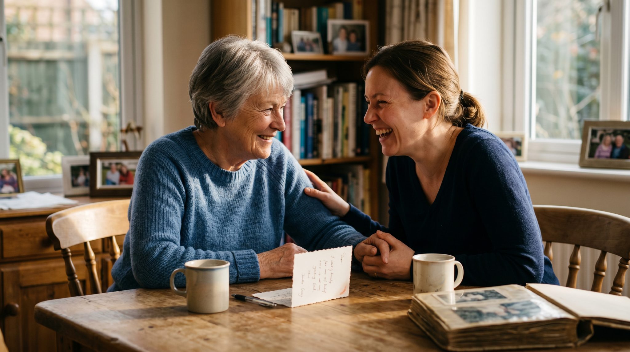 A grown daughter hugging her smiling mother, illustrating heartfelt quotes about moms and a mother's love.
