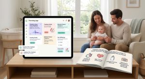 A tablet on a coffee table showing a parenting app, with a smiling mother, father and baby on the sofa behind, illustrating Smart Sleep Coach alternatives for baby sleep.