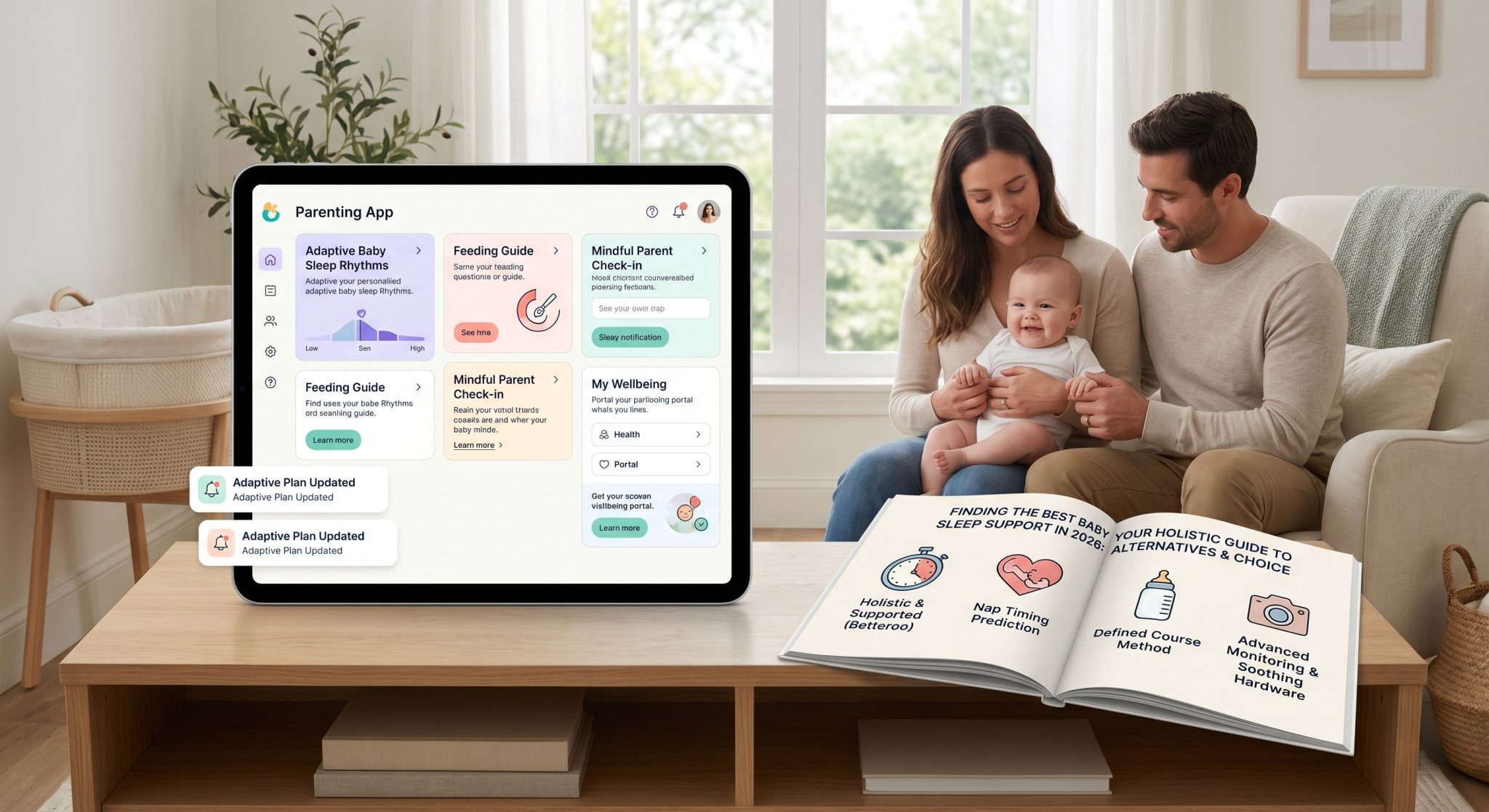 A tablet on a coffee table showing a parenting app, with a smiling mother, father and baby on the sofa behind, illustrating Smart Sleep Coach alternatives for baby sleep.