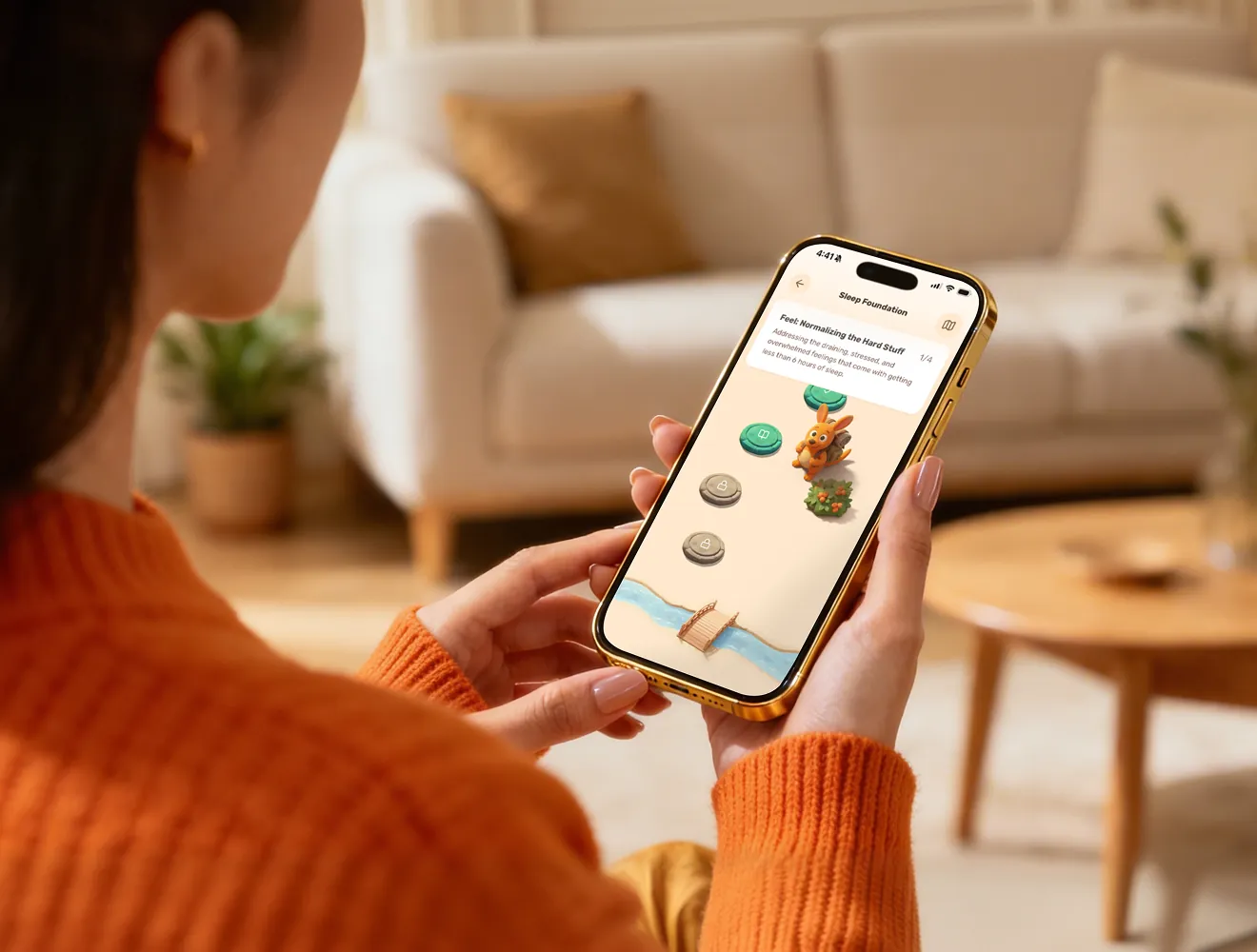 Parent exploring the Betteroo app's Sleep Foundation journey on her phone