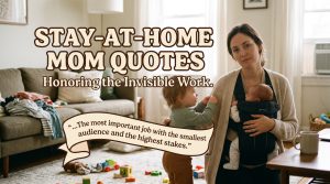 A stay-at-home mom playing with her kids in a busy living room, illustrating stay-at-home mom quotes.