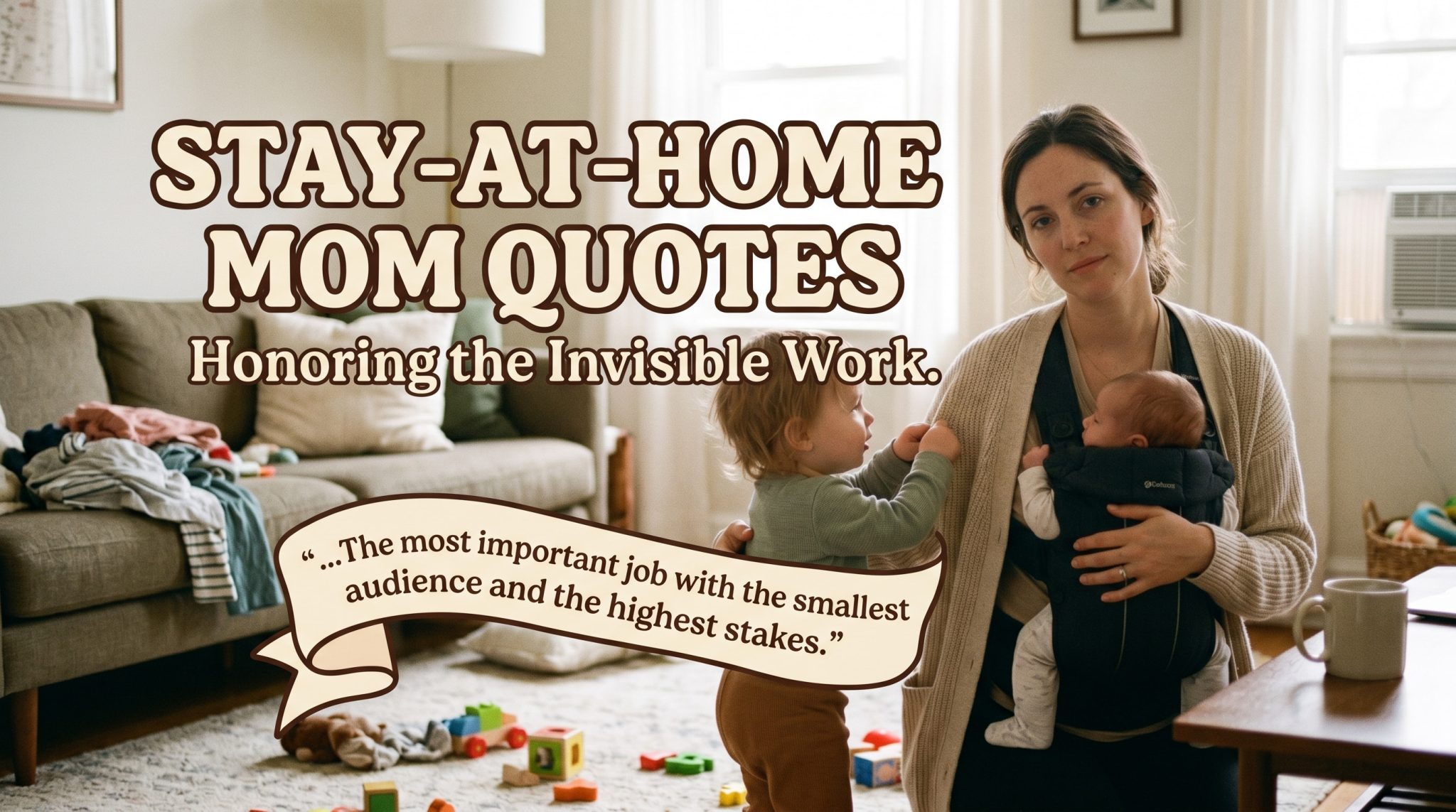 A stay-at-home mom playing with her kids in a busy living room, illustrating stay-at-home mom quotes.