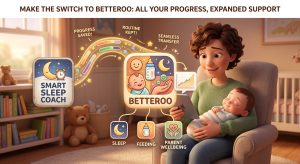 A mother cradling her sleeping baby beside the Betteroo app showing Sleep, Feeding and Parent Wellbeing, illustrating switching from Smart Sleep Coach to Betteroo.