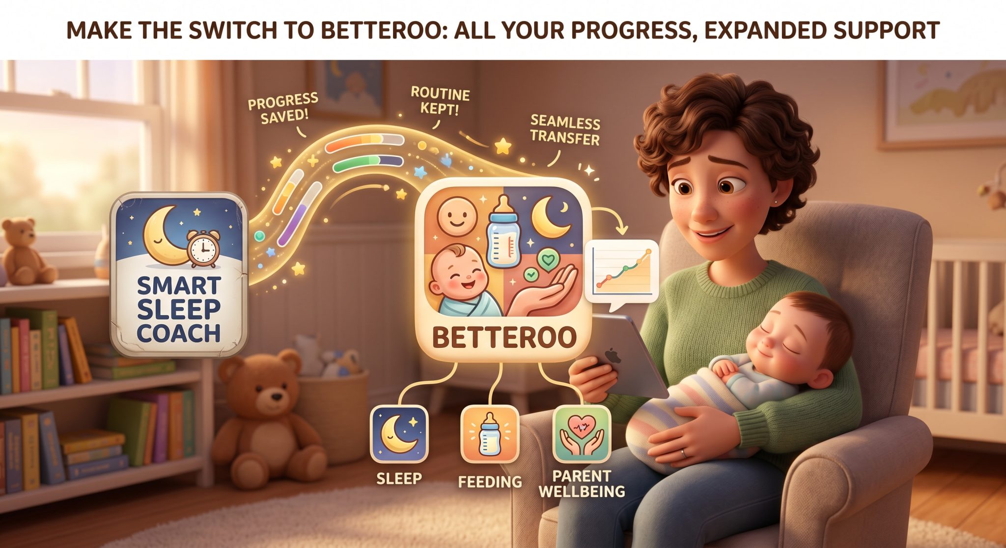 A mother cradling her sleeping baby beside the Betteroo app showing Sleep, Feeding and Parent Wellbeing, illustrating switching from Smart Sleep Coach to Betteroo.