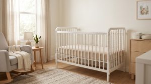 Neutral nursery with a white wooden crib and rocking chair
