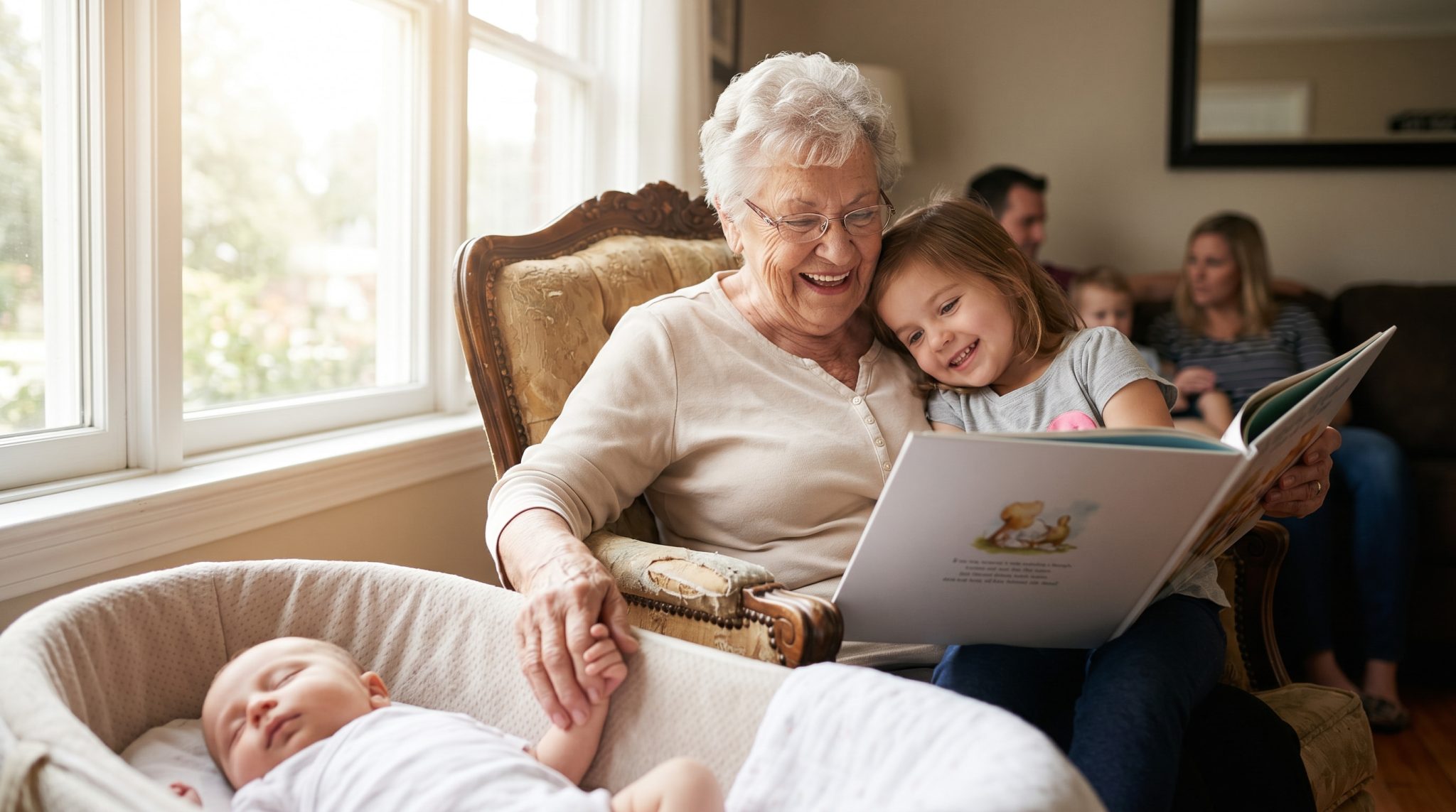 Grandmother and granddaughter reading a picture book together on a couch