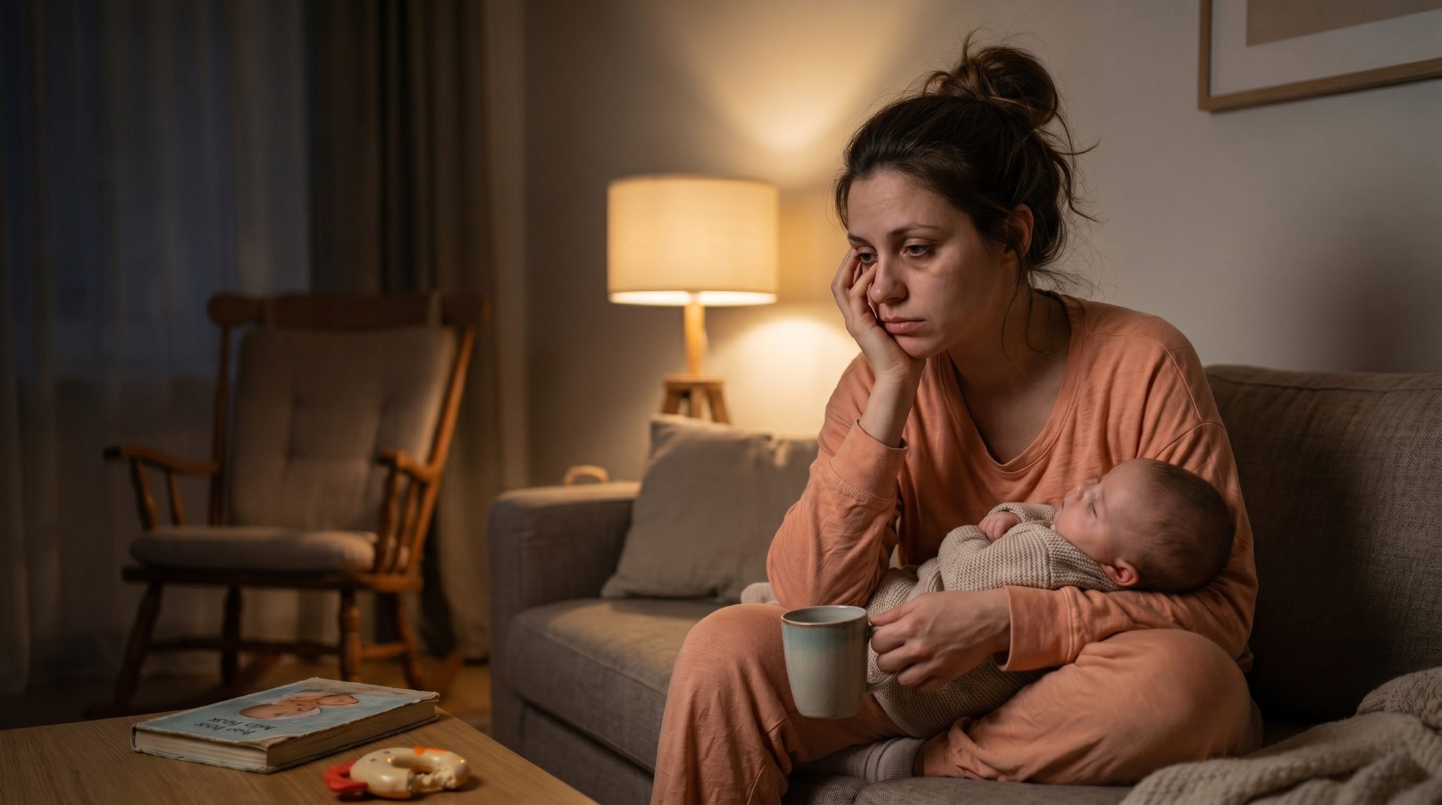 A bleary-eyed mom holding coffee while her baby reaches for her, illustrating tired mom quotes for exhausted days.