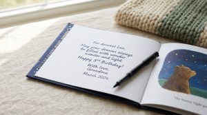 Open baby book with a handwritten inscription from a grandparent