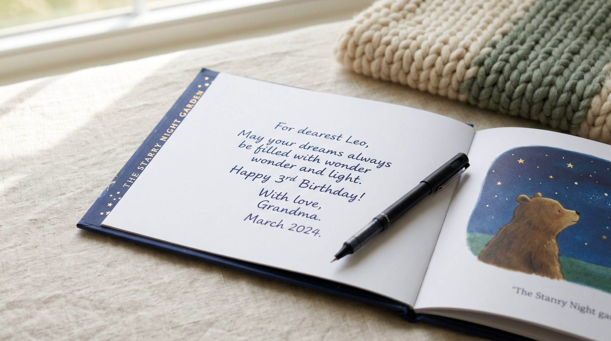 Whattowriteinabookforababyshower | Betteroo Open baby book with a handwritten inscription from a grandparent