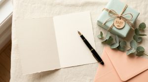 Baby shower card with a handwritten message, a pen, and a wrapped gift