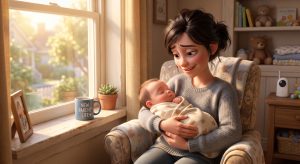Mother holding a sleeping newborn in a sunlit room