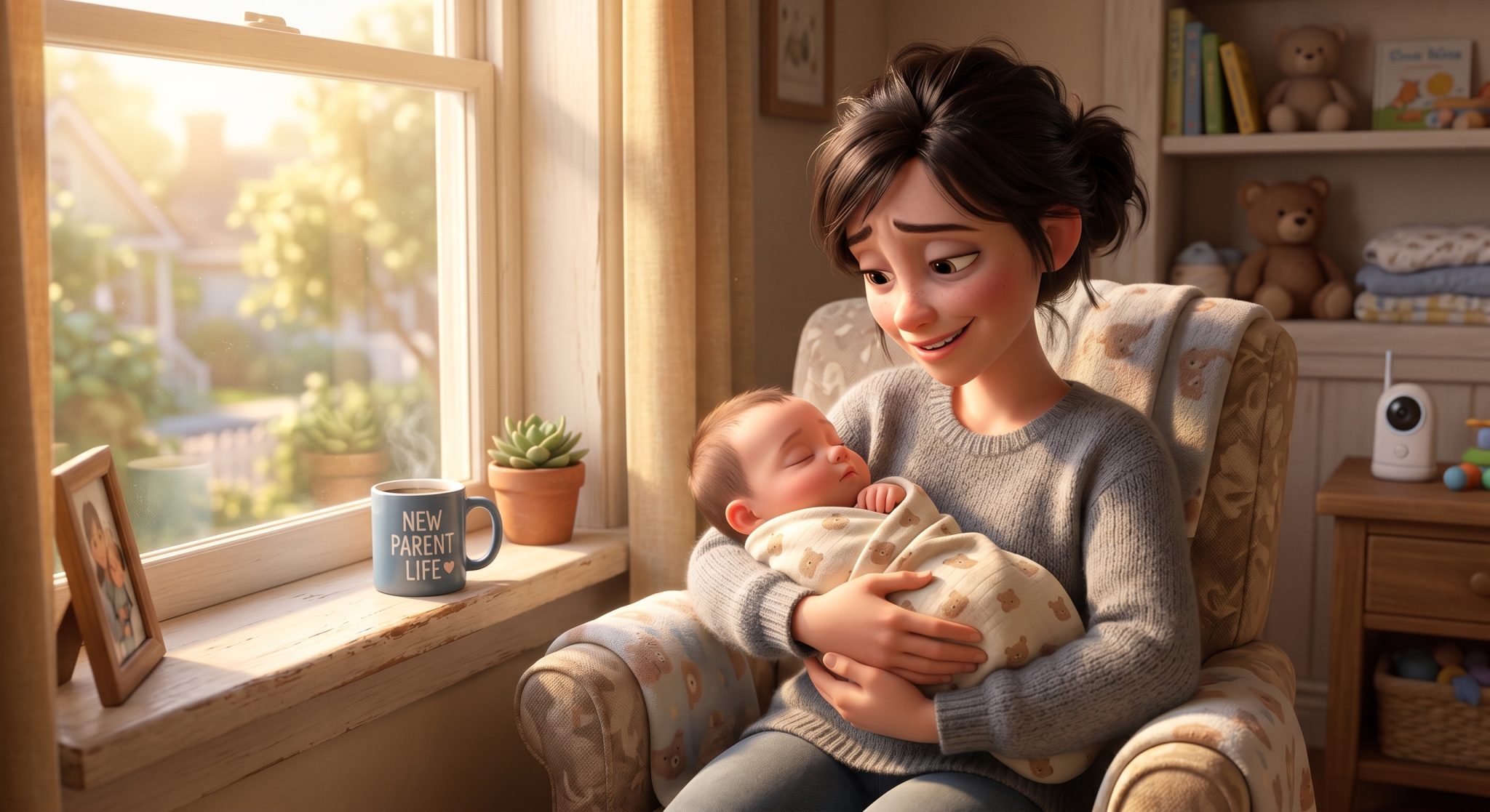 Mother holding a sleeping newborn in a sunlit room