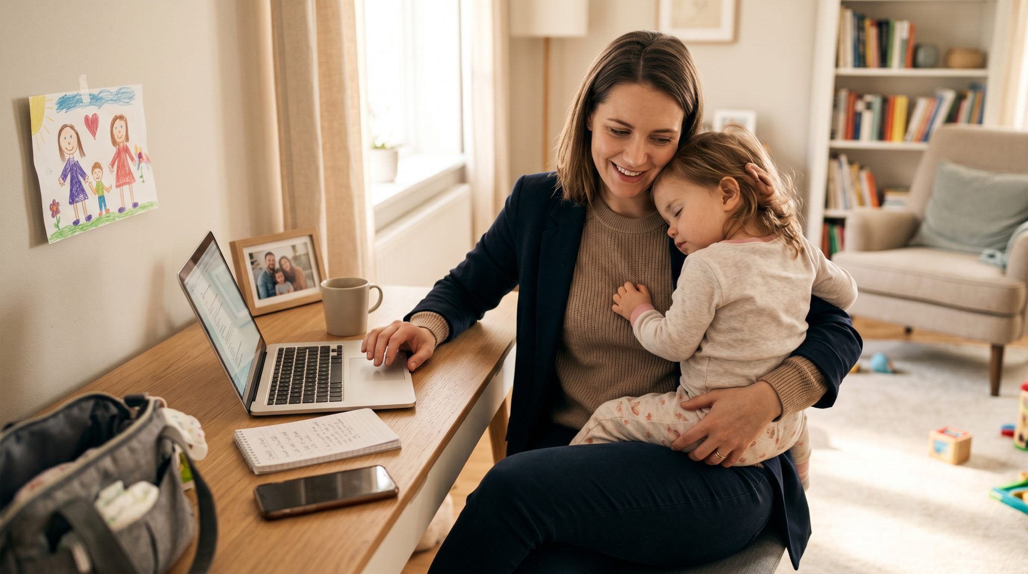 Workingmomquotes | Betteroo A working mom hugging her child before leaving for work, illustrating working mom quotes on guilt and balance.