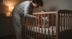 10 month sleep regression, tired parent soothing an awake baby at night
