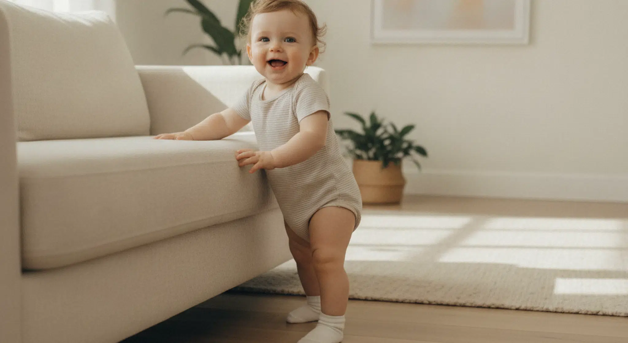 Awake eleven month old baby standing and cruising along furniture in a bright room