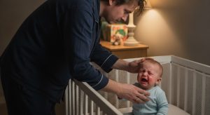 12 month sleep regression, tired parent soothing an awake baby at night