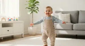 Awake thirteen month old toddler taking steps and playing in a bright room during the day